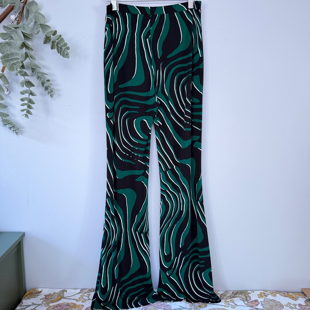 Diane Von Furstenberg Pants Maximalism Green Black Abstract Wave Wide Leg Flare - Picture 2 of 10